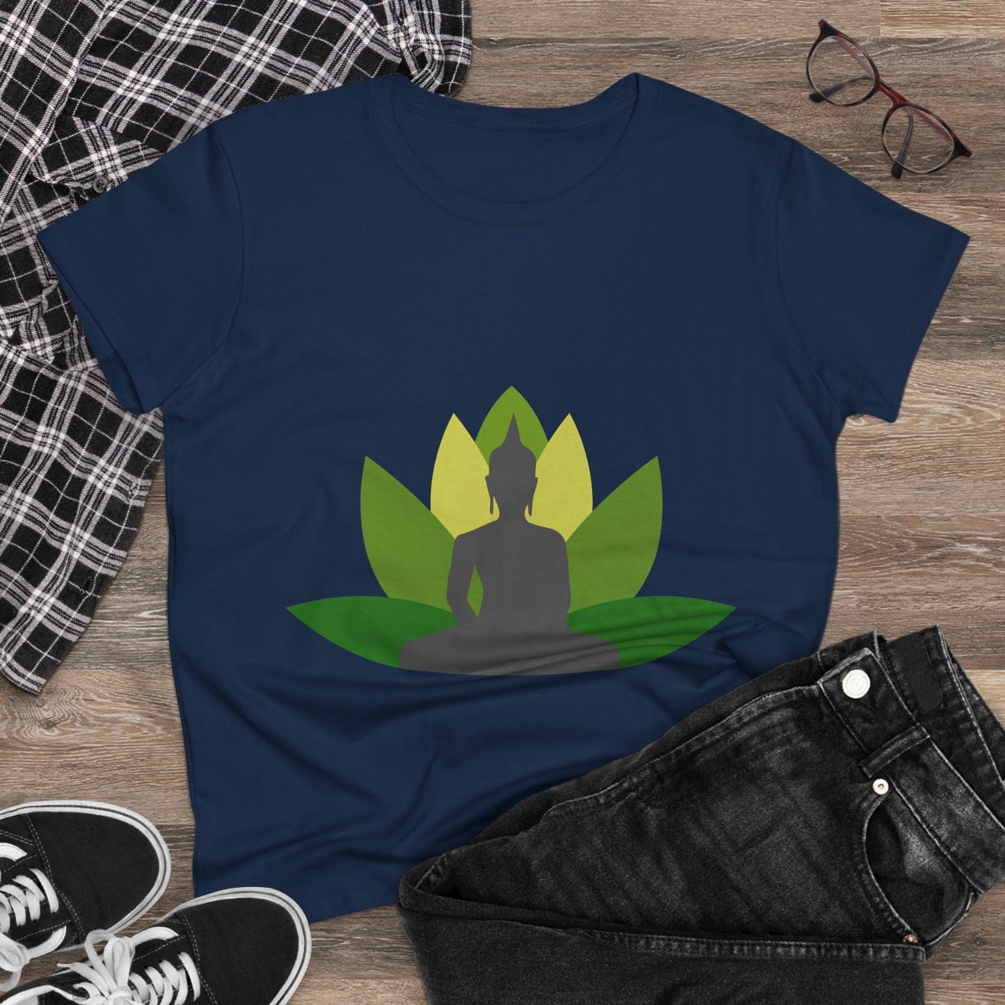 Buddha + Lotus Flower Verde Women's Midweight Cotton Tee
