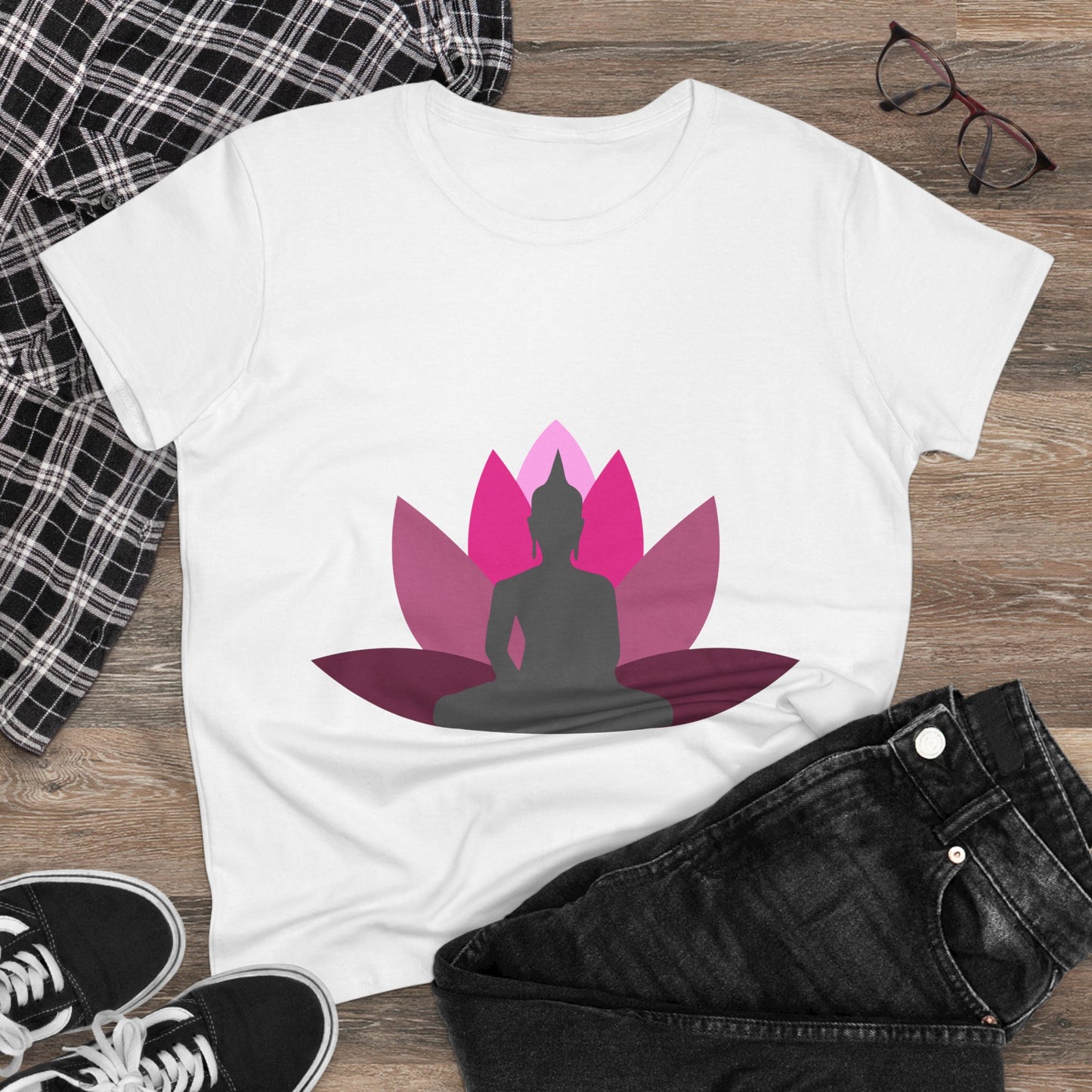 Buddha + Lotus Flower Cerise Women's Midweight Cotton Tee
