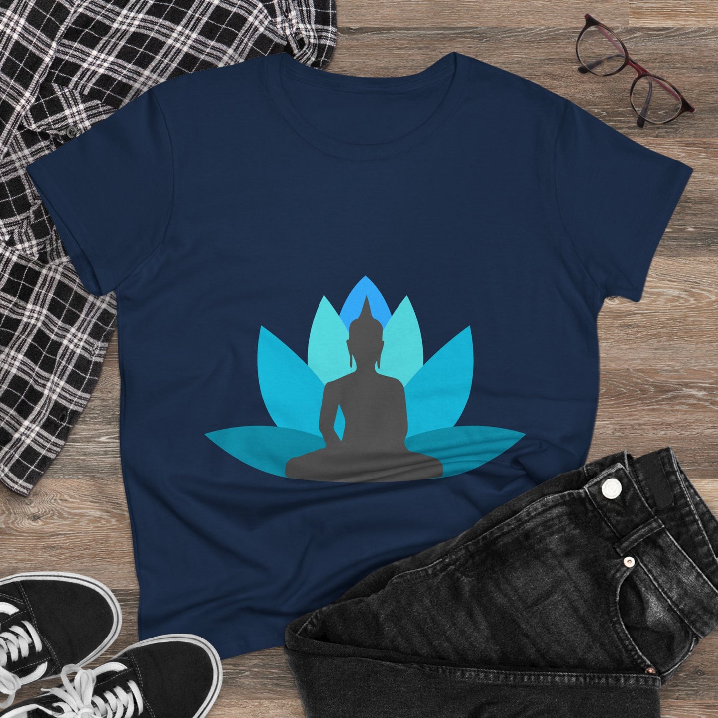 Buddha with Lotus Flower Tranquil Turquoise Women's Midweight Cotton Tee