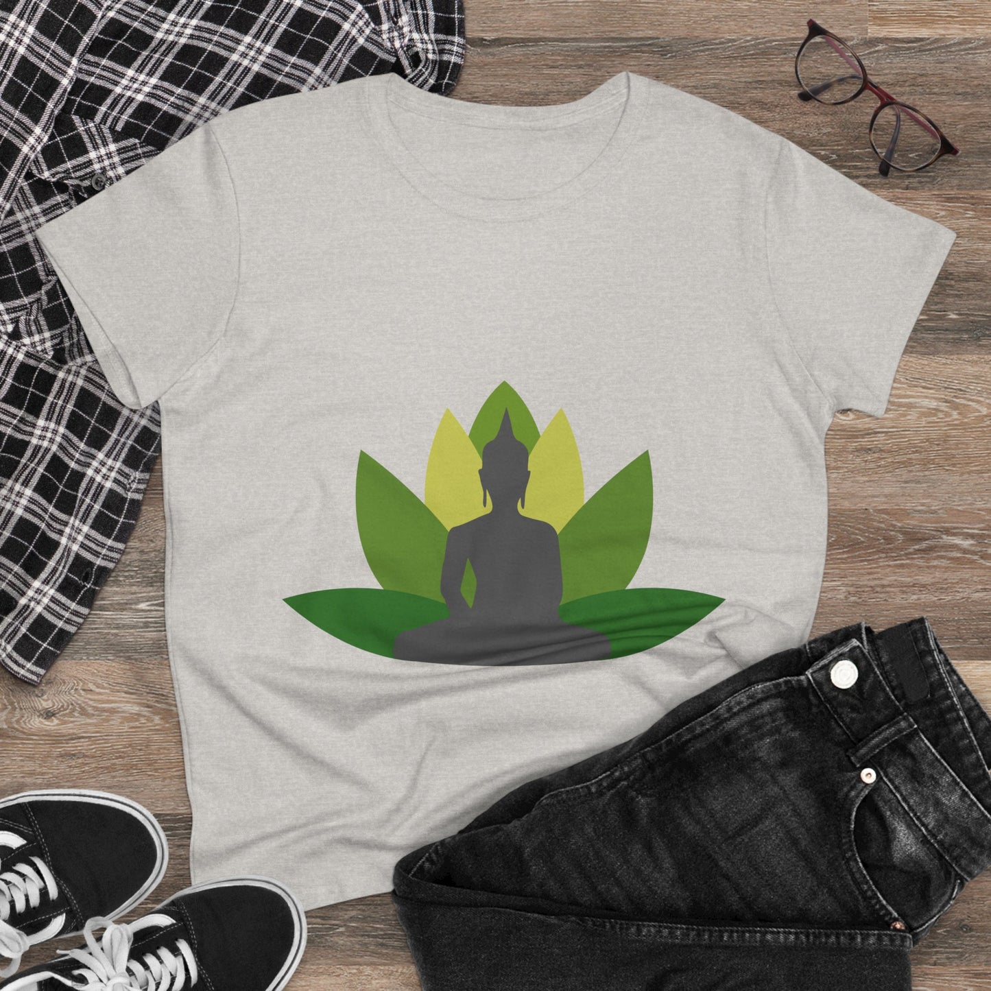 Buddha + Lotus Flower Verde Women's Midweight Cotton Tee
