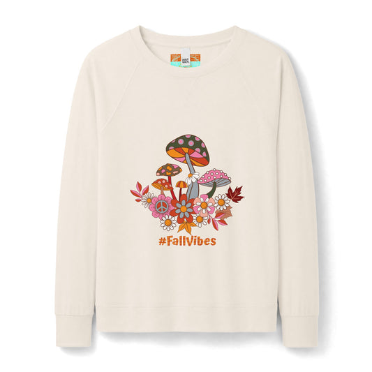 #FallVibes Retro Mushroom Patch Sweatshirt — Women's Cozy Autumn Crewneck