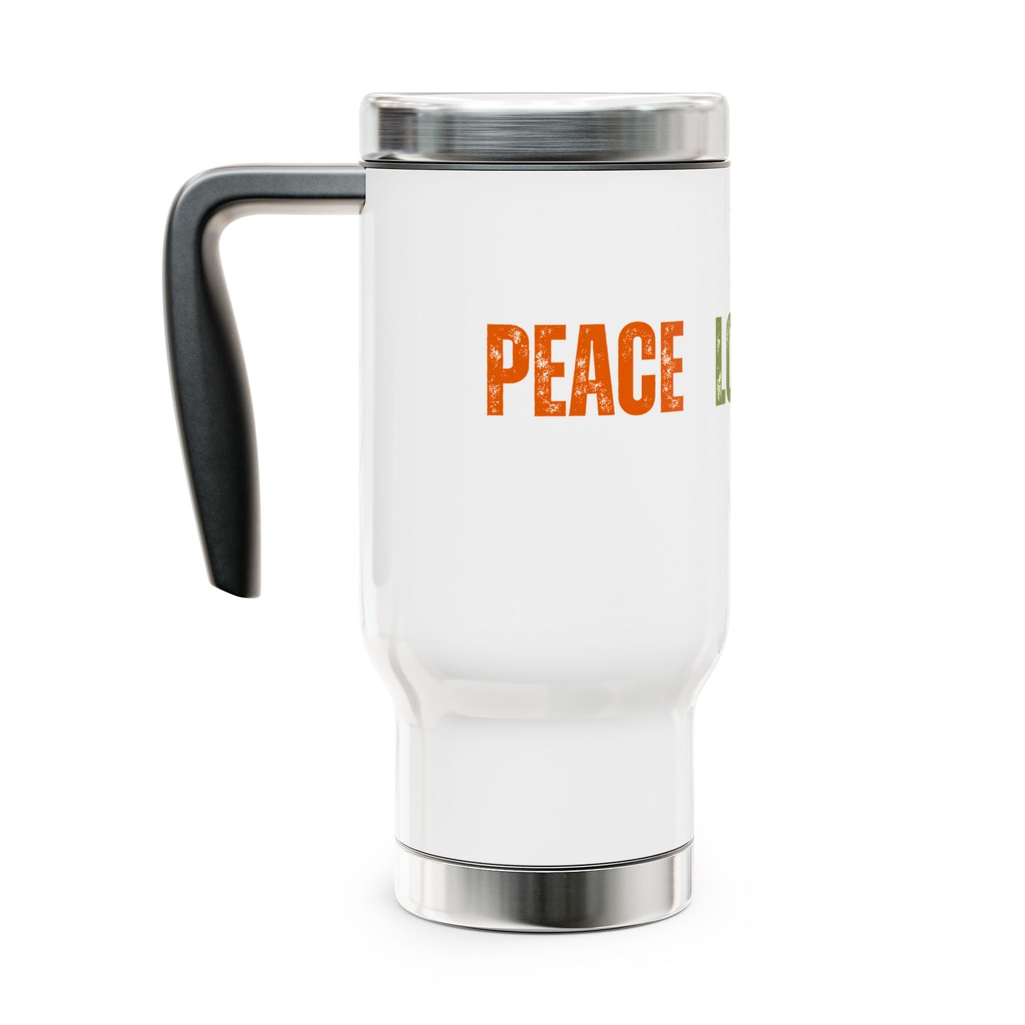 Peace Love Vegan Stainless Steel Travel Mug with Handle, 14oz