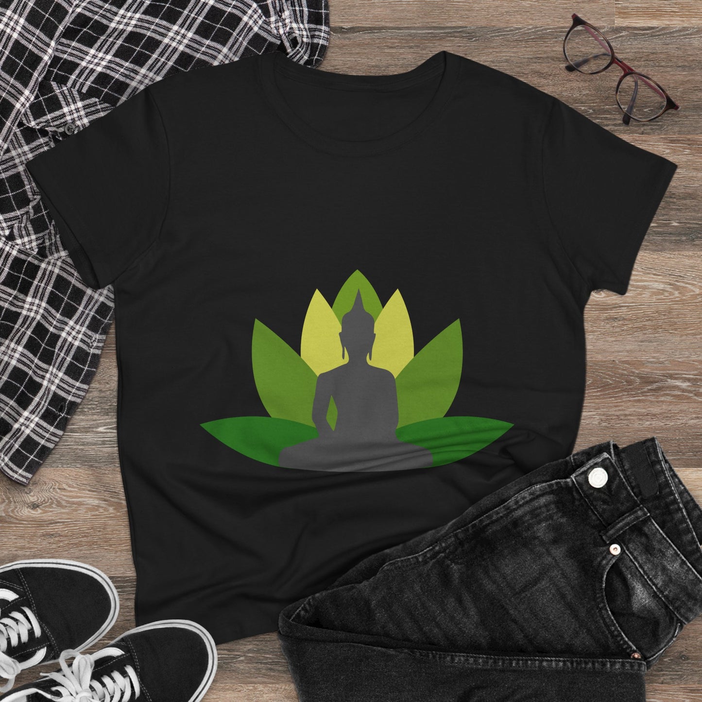 Buddha + Lotus Flower Verde Women's Midweight Cotton Tee