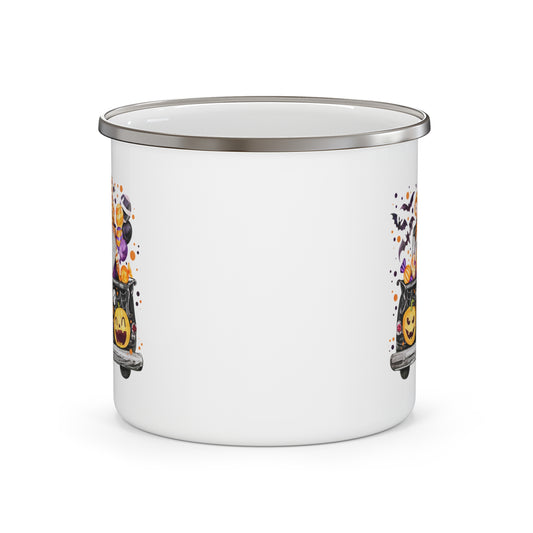 Halloween Gnomes Enamel Camping Mug — "Happy Halloween" Pumpkin Trick-or-Treat Design