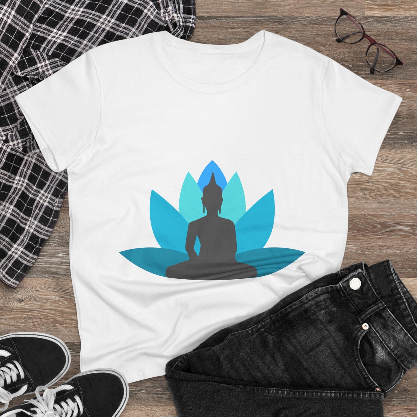 Buddha with Lotus Flower Tranquil Turquoise Women's Midweight Cotton Tee