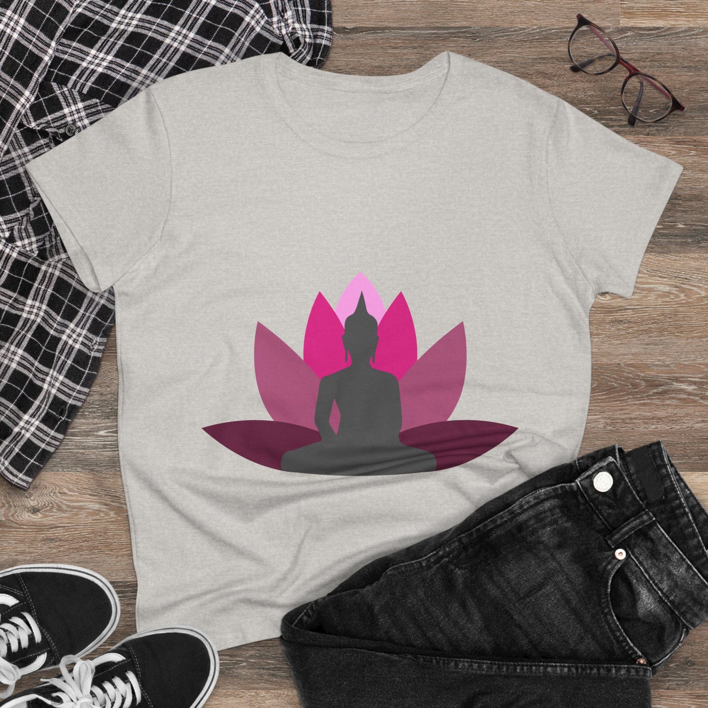 Buddha + Lotus Flower Cerise Women's Midweight Cotton Tee