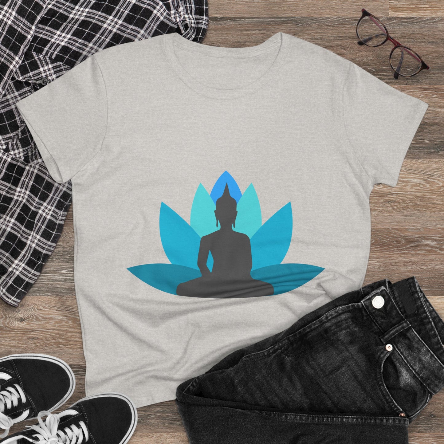 Buddha with Lotus Flower Tranquil Turquoise Women's Midweight Cotton Tee