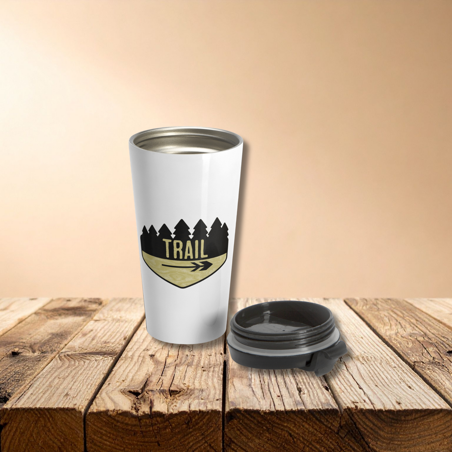 Wooden Hiking Trail Sign Stainless Steel Travel Mug in Snow