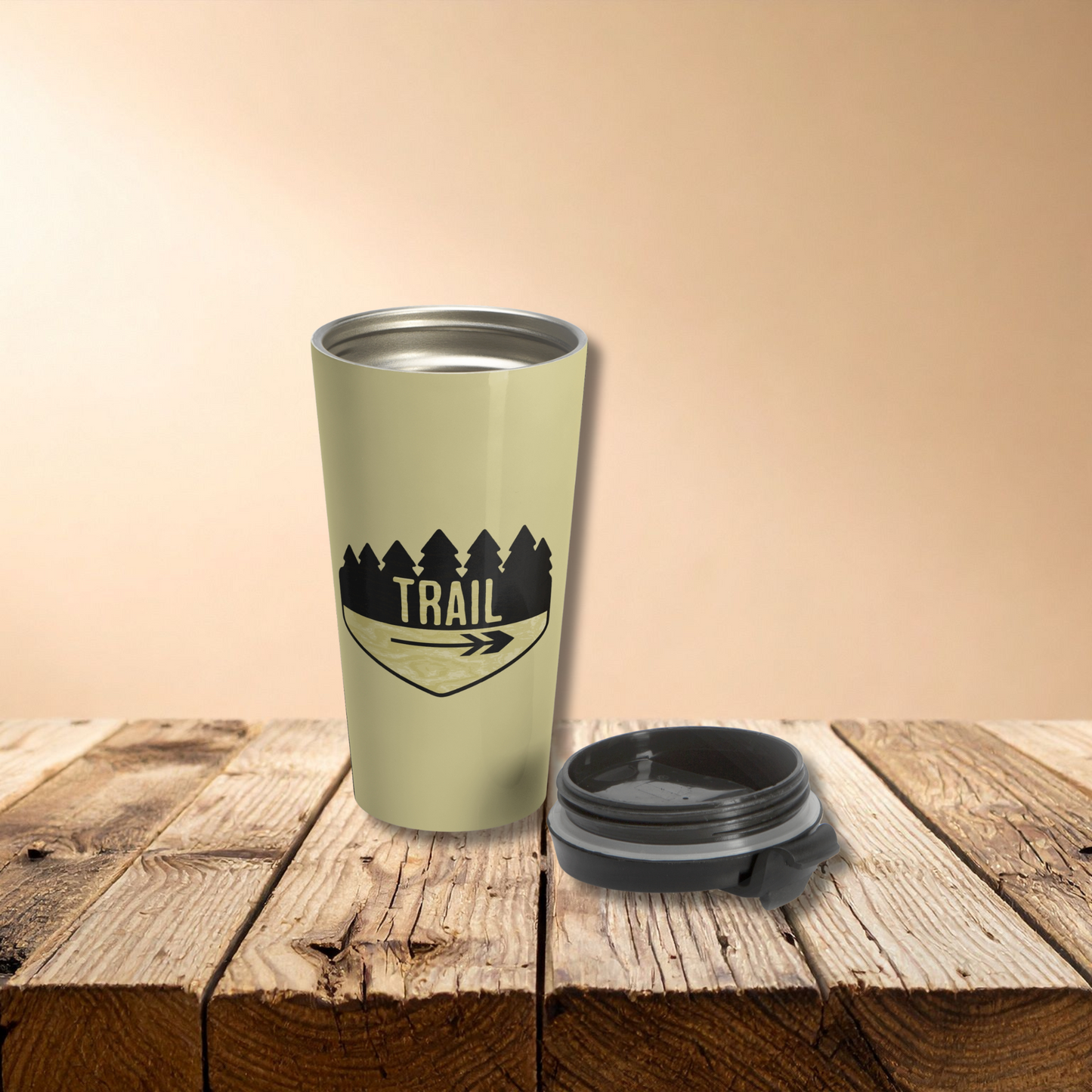 Wooden Hiking Trail Sign Stainless Steel Travel Mug in Ecru