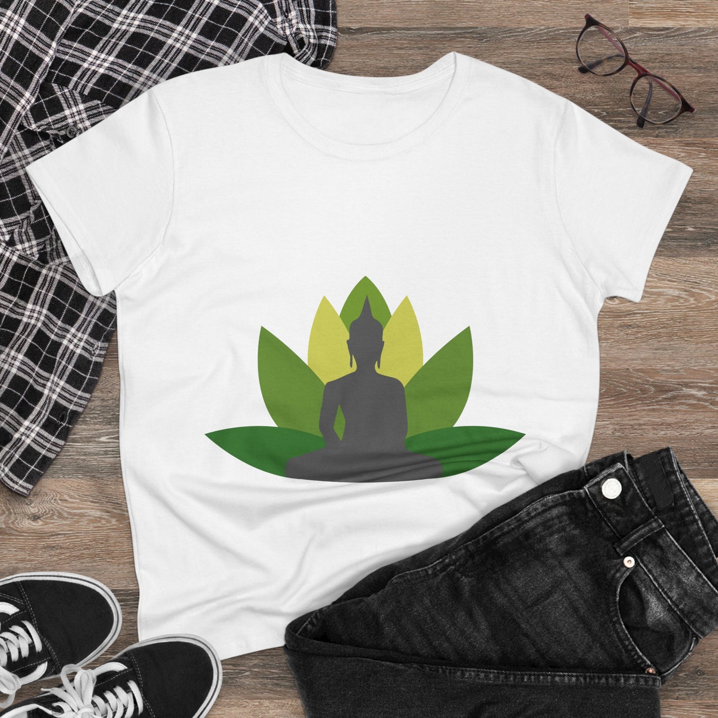 Buddha + Lotus Flower Verde Women's Midweight Cotton Tee
