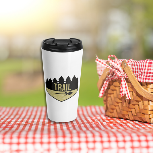 Wooden Hiking Trail Sign Stainless Steel Travel Mug in Snow