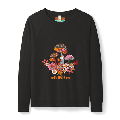 #FallVibes Retro Mushroom Patch Sweatshirt — Women's Cozy Autumn Crewneck