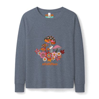 #FallVibes Retro Mushroom Patch Sweatshirt — Women's Cozy Autumn Crewneck