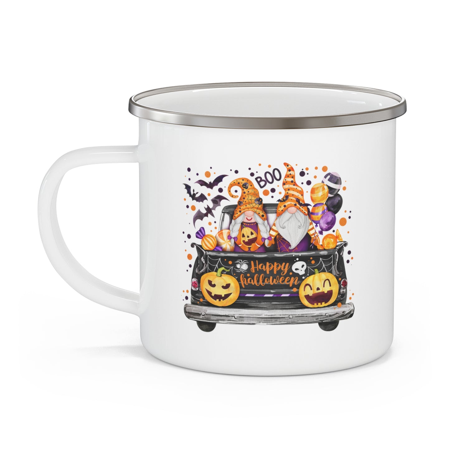 Halloween Gnomes Enamel Camping Mug — "Happy Halloween" Pumpkin Trick-or-Treat Design
