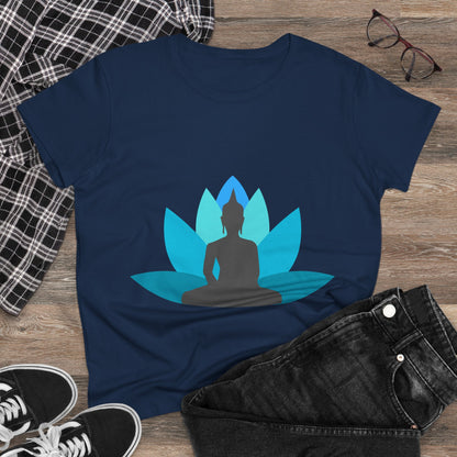 Buddha with Lotus Flower Tranquil Turquoise  Women's Midweight Cotton Tee