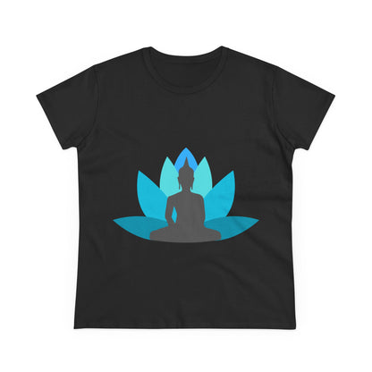 Buddha with Lotus Flower Tranquil Turquoise  Women's Midweight Cotton Tee