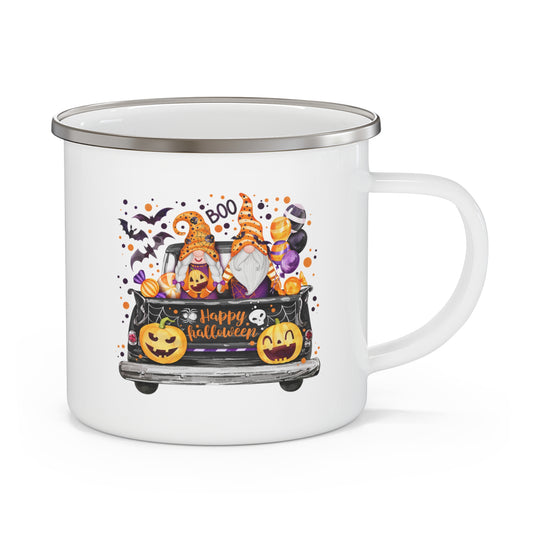 Halloween Gnomes Enamel Camping Mug — "Happy Halloween" Pumpkin Trick-or-Treat Design