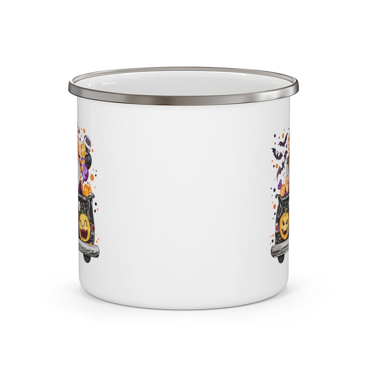Halloween Gnomes Enamel Camping Mug — "Happy Halloween" Pumpkin Trick-or-Treat Design