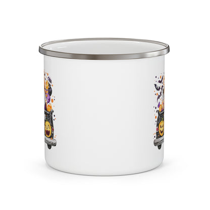 Halloween Gnomes Enamel Camping Mug — "Happy Halloween" Pumpkin Trick-or-Treat Design