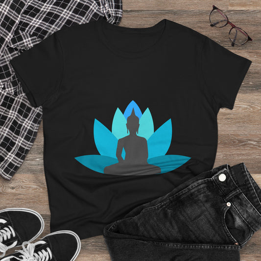 Buddha with Lotus Flower Tranquil Turquoise  Women's Midweight Cotton Tee