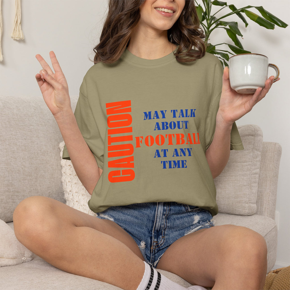 Football Graphic Tee | CAUTION May Talk About Football At Any Time | Orange & Blue