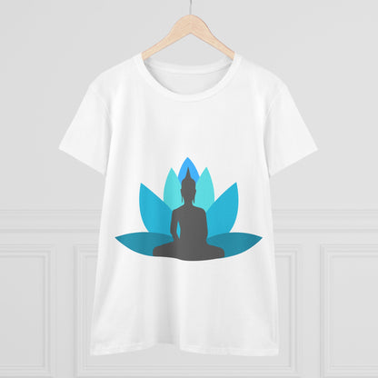 Buddha with Lotus Flower Tranquil Turquoise  Women's Midweight Cotton Tee