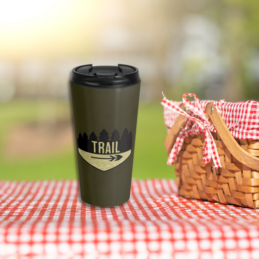 Wooden Hiking Trail Sign Stainless Steel Travel Mug in Earth