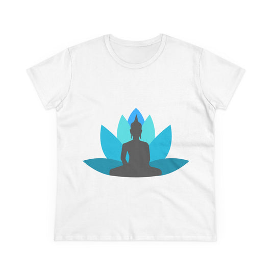 Buddha with Lotus Flower Tranquil Turquoise  Women's Midweight Cotton Tee