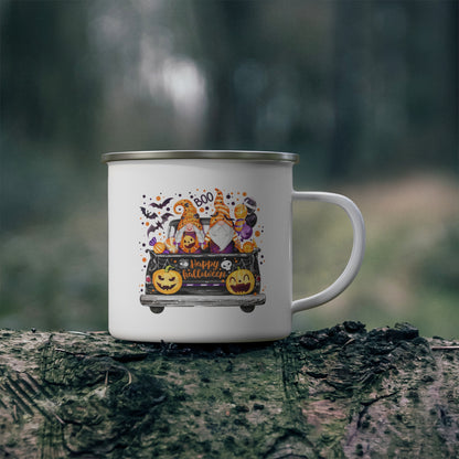 Halloween Gnomes Enamel Camping Mug — "Happy Halloween" Pumpkin Trick-or-Treat Design