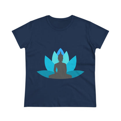 Buddha with Lotus Flower Tranquil Turquoise  Women's Midweight Cotton Tee