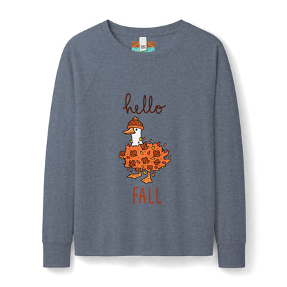 Hello Fall Beanie Duck Sweatshirt — Women's Cozy Autumn Crewneck