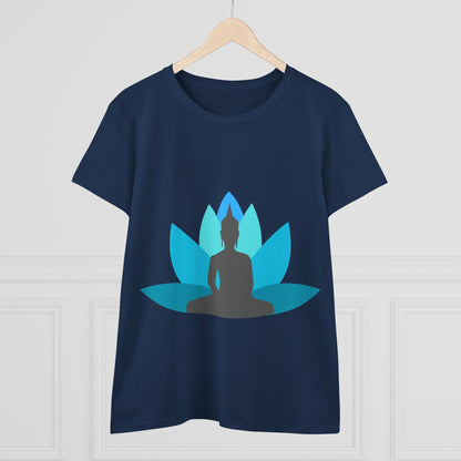 Buddha with Lotus Flower Tranquil Turquoise  Women's Midweight Cotton Tee