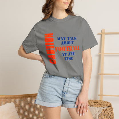 Football Graphic Tee | CAUTION May Talk About Football At Any Time | Orange & Blue